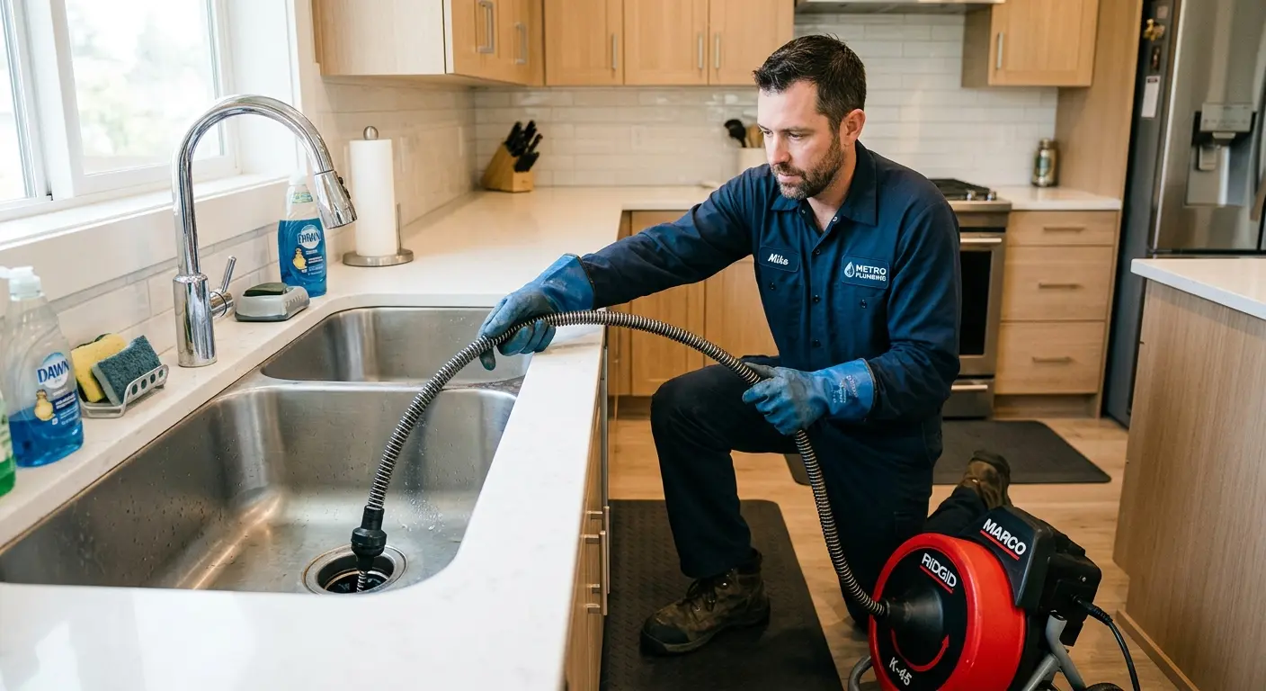 Drain cleaning technician using a motorized snake on a kitchen sink in Borger