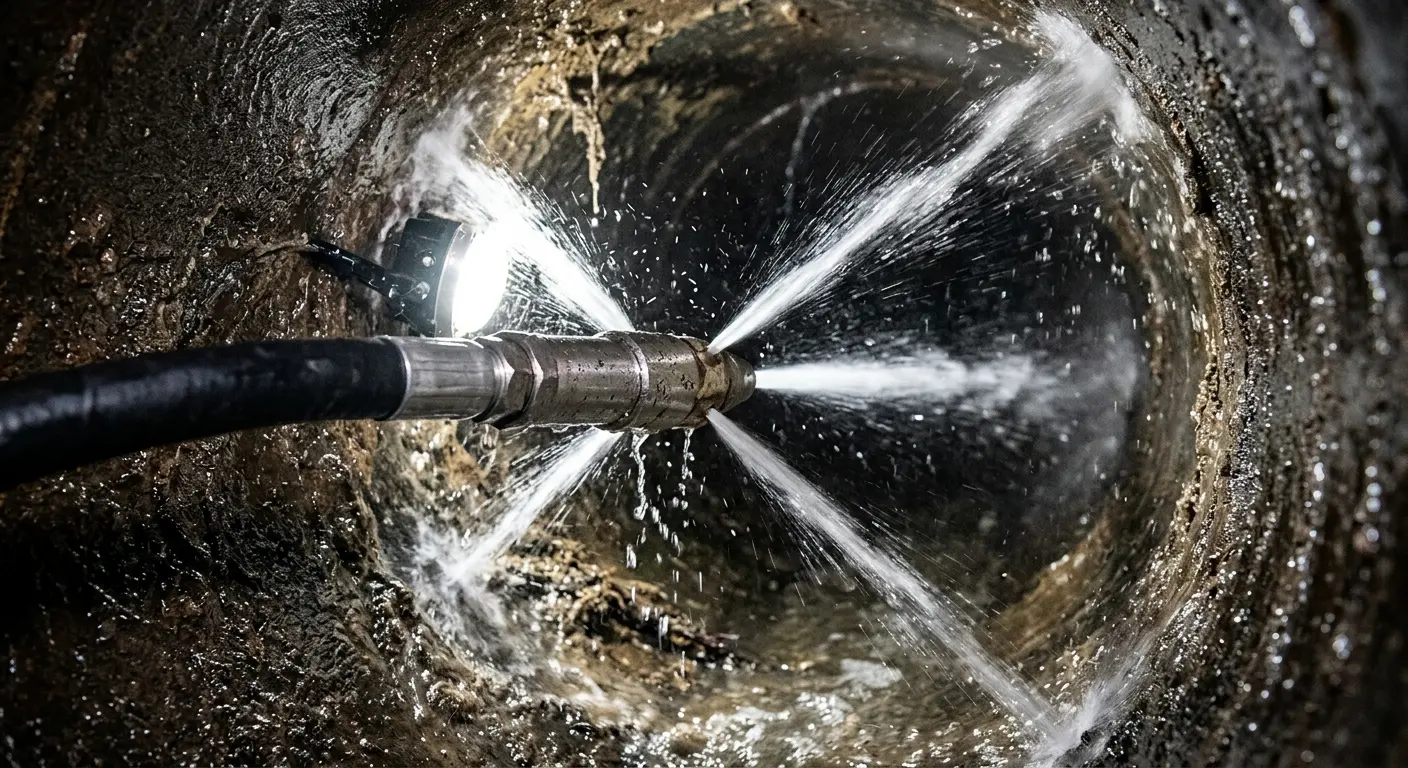 High-pressure hydro jetting nozzle cleaning sewer pipe for Trenchless Sewer Repair in Borger