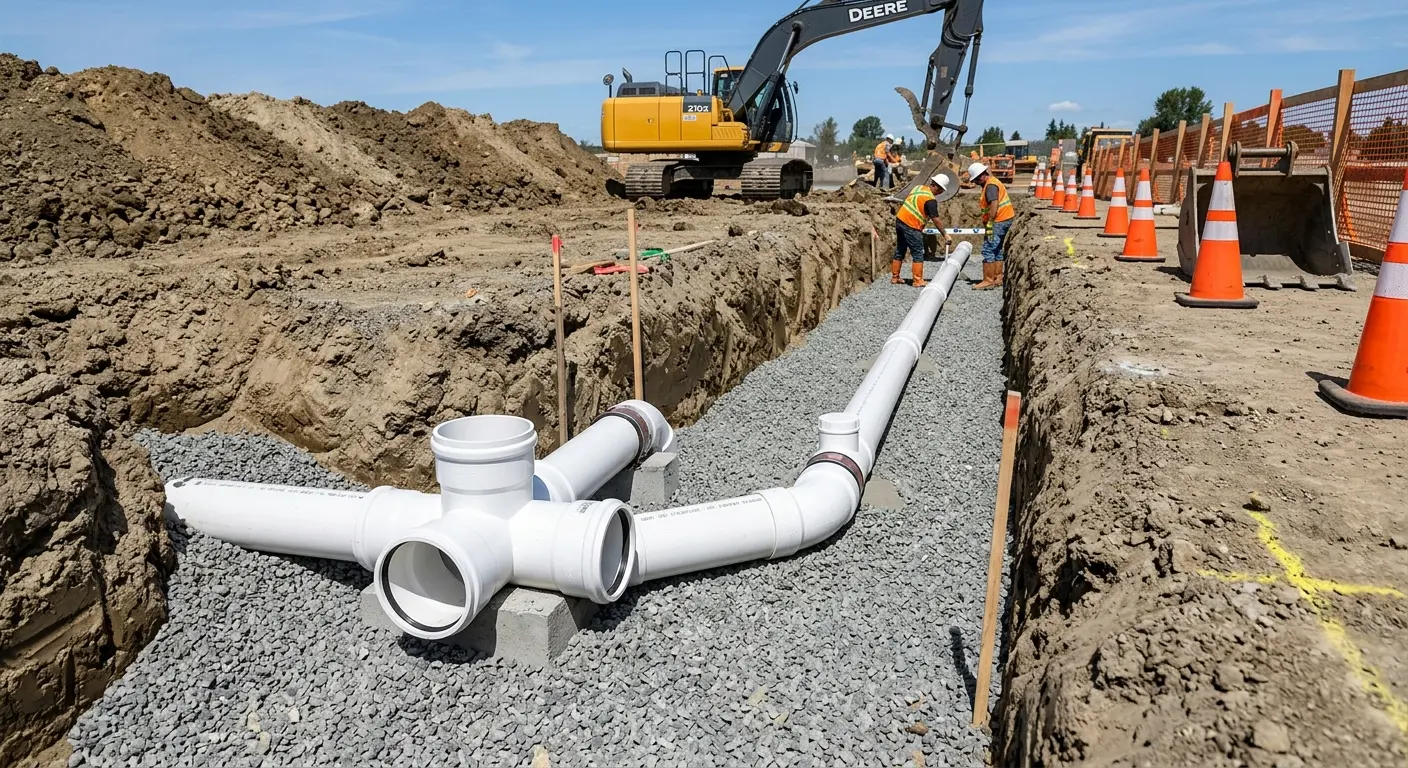 New PVC sewer pipe installation in open trench for Grease Trap Cleaning in Borger