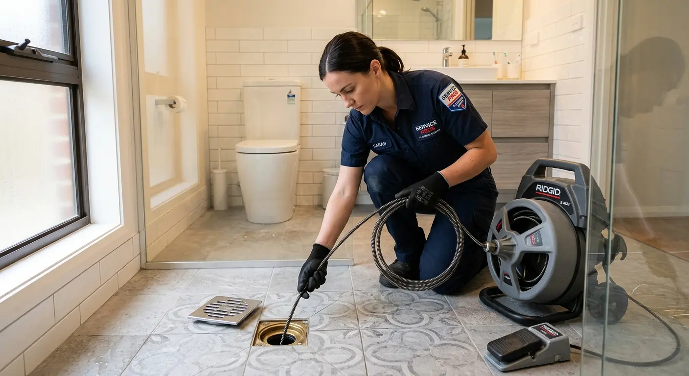 Technician clearing a bathroom floor drain for Sewer Line Replacement in Borger